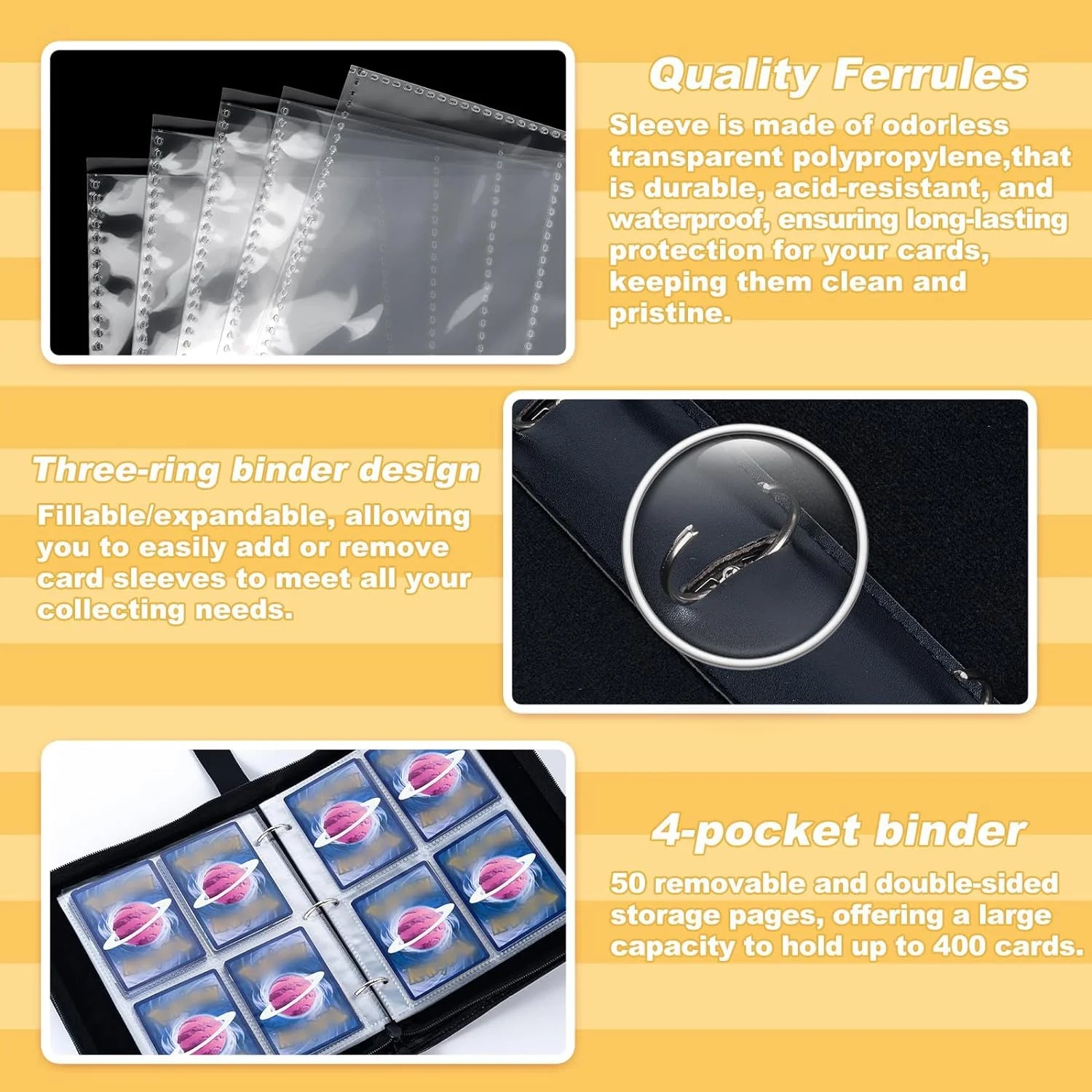 Card Binder 4-Pocket, Pokemon Card Holder 400 Pocket Card Holder Album with 50 Removable Sleeves for TCG Trading Card Holder and More - Black