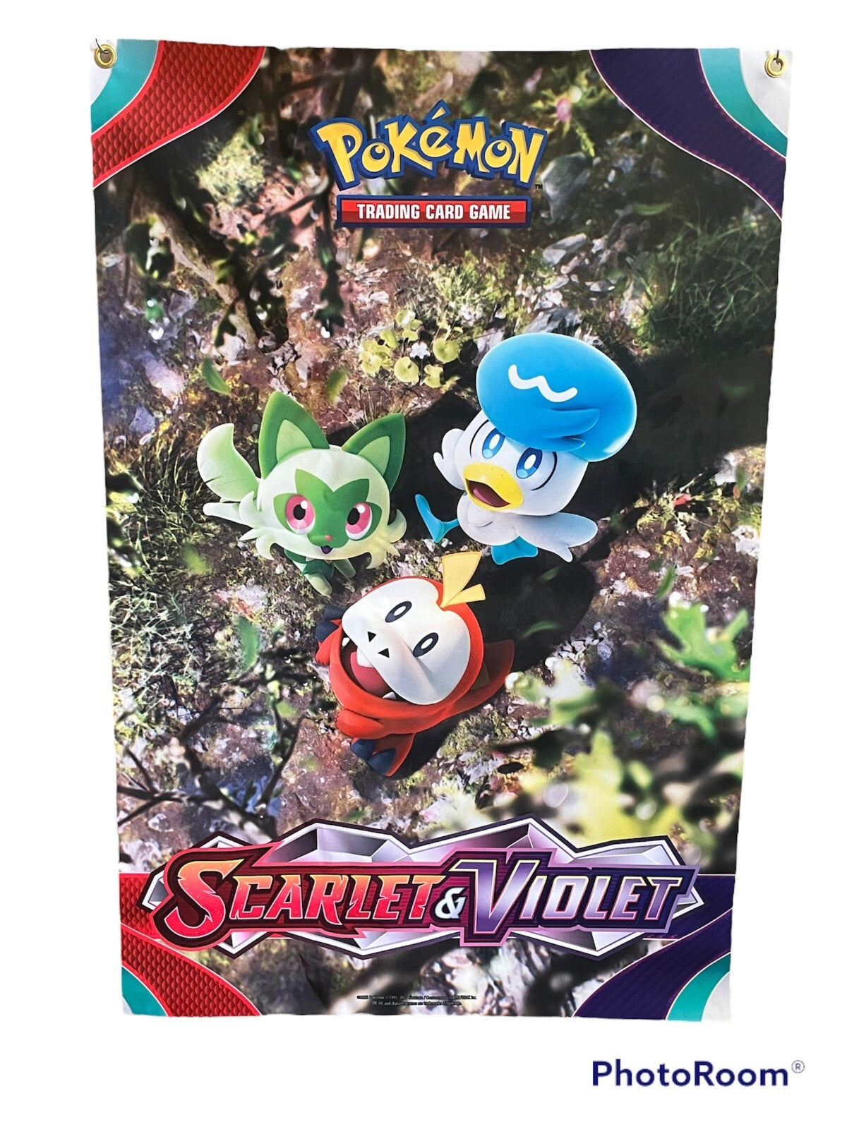 Pokemon Trading Card Game Promotional Scarlet & Violet Cloth Banner featuring Sprigatito, Quaxly, and Fuecoco